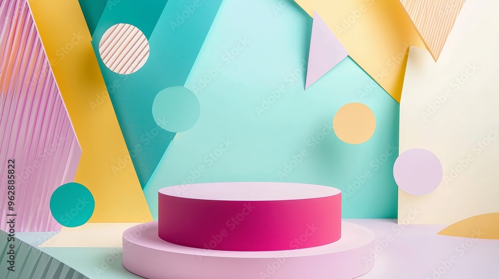 Poster a geometric papercraft podium with angular folds and vibrant colors, surrounded by abstract floating