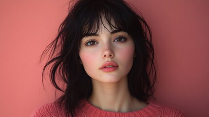 woman with black hair and bangs poses for the camera against an isolated pastel pink background, wearing a red sweater, looking directly at the camera