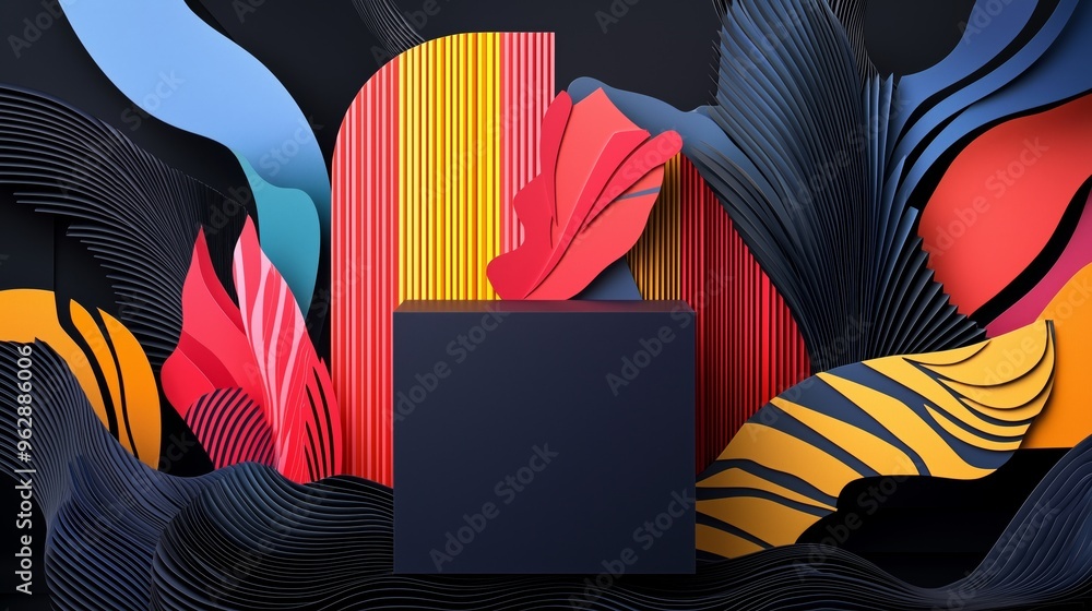 Poster a bold, modern papercraft podium with sharp folds and colorful paper layers, surrounded by abstract 