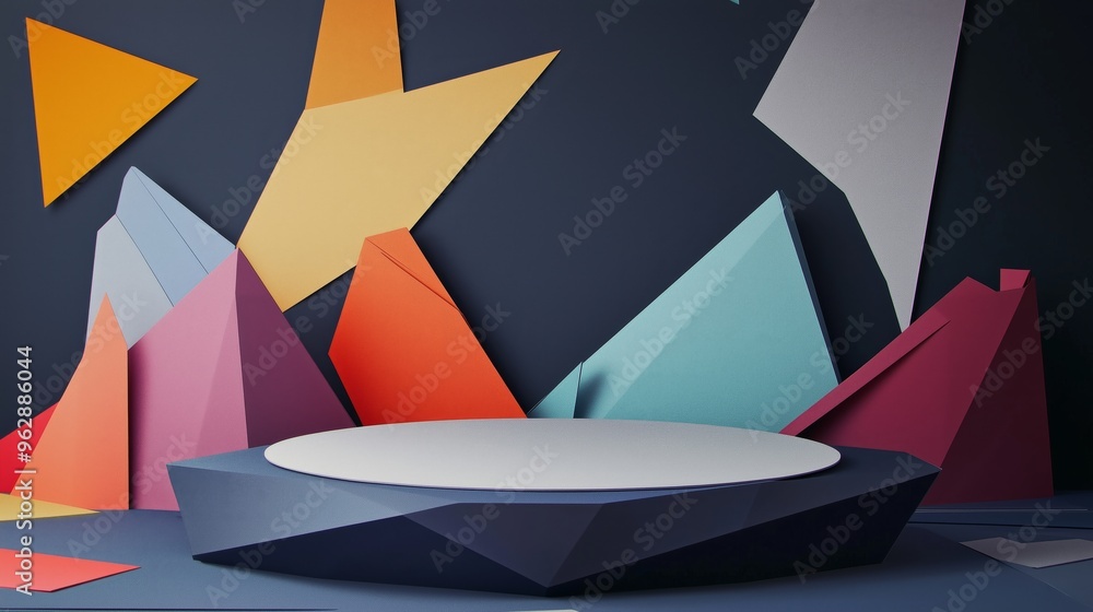 Poster a sleek, modern papercraft podium with sharp angular folds, surrounded by colorful abstract paper sh