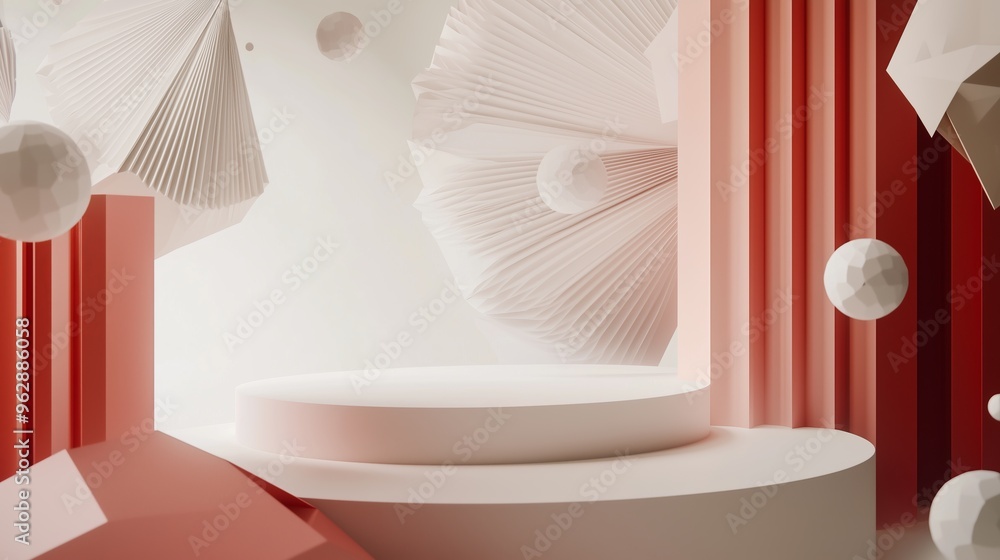 Poster a dynamic papercraft podium with bold folds and layered textures, surrounded by abstract cut-out sha