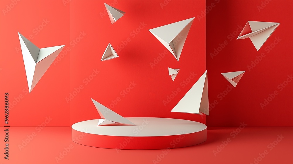 Poster a sleek, angular papercraft podium with folded geometric shapes, surrounded by abstract floating cut