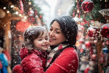 Happy family walking on snowy street during Christmas time, winter holiday celebration
