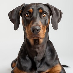 Close-up portrait of a black and tan dog with big brown eyes, looking at the camera with a curious expression.