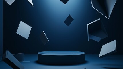 A bold, modern 3D papercraft podium with sharp, clean lines, placed in a space surrounded by abstract geometric cut-outs on a dark background