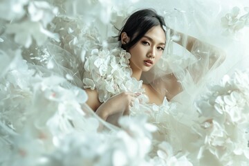 Asian woman in white dress with flowers, elegant updo, veiled face. High-end fashion model poses in front of floral background. Perfume concept, luxury beauty, Asian elegance.