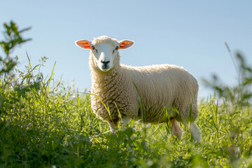 Obraz premium A fluffy sheep stands in a lush green field under a clear blue sky, embodying pastoral beauty and tranquility.