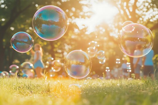 Soap bubbles floating over green grass in summer park with children playing - Powered by Adobe