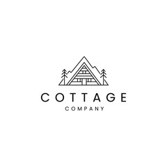 logo of cottage in winter with mountains background in line art design style