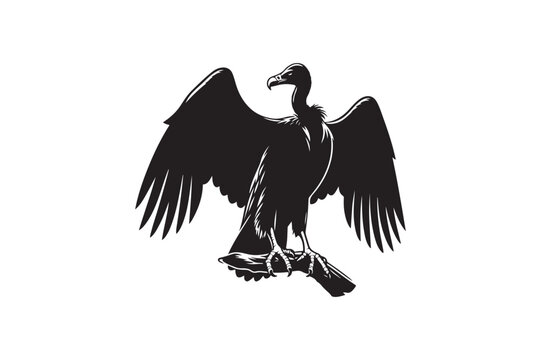 black vulture perched, wings spread, monochrome clip art preview