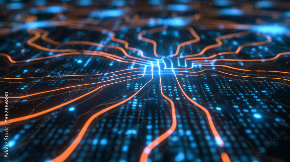 Aufkleber Bright glowing white neurons in lines when analyzing data. Binary codes in the shape of a wall, transmitting data through thin pulses. Technology and speed concept.