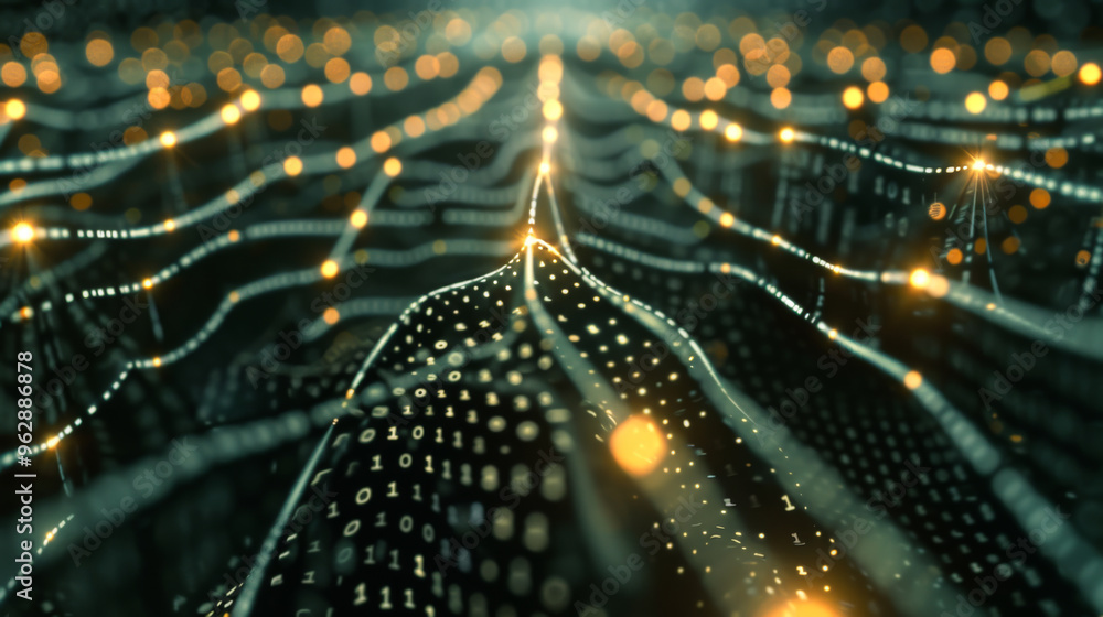 Aufkleber Bright glowing white neurons in lines when analyzing data. Binary codes in the shape of a wall, transmitting data through thin pulses. Technology and speed concept.