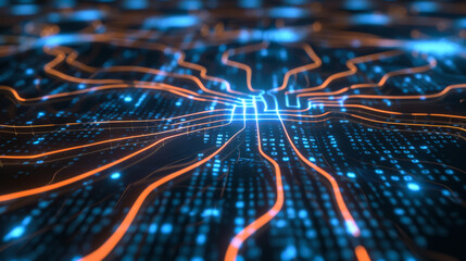Bright glowing white neurons in lines when analyzing data. Binary codes in the shape of a wall, transmitting data through thin pulses. Technology and speed concept.