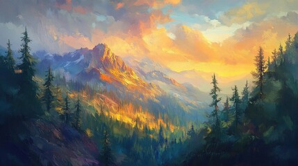 Oil painting depicting a forest on a mountain with light illuminating a clearing at sunset featuring a picturesque mountain landscape and vibrant sky