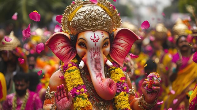 Ganesh Chaturthi celebrations in Mumbai. A large crowd gathers around a statue of Lord Ganesha. Devotees carry Ganesh Idol for immersion
