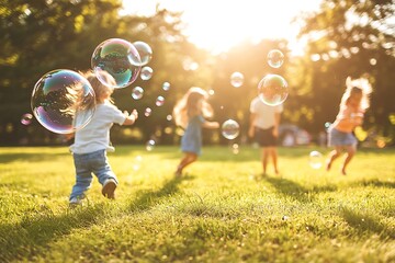 Happy children running and playing with soap bubbles in park at sunset