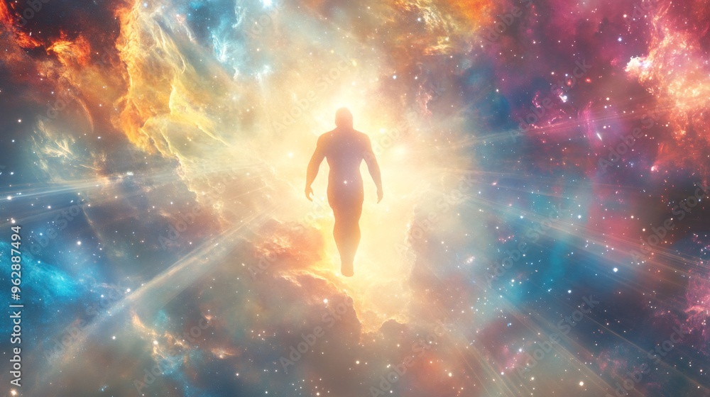 Poster silhouette of a person in a cosmic nebula with bright rays of light shining down from above.