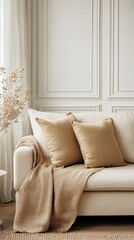 Fototapeta premium Comfortable modern sofa, soft luxury couch in cozy living room