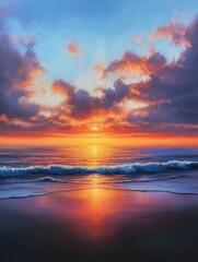 Fototapeta premium Vibrant oil painting depicting a stunning sunset over the ocean capturing the beauty of a tranquil landscape