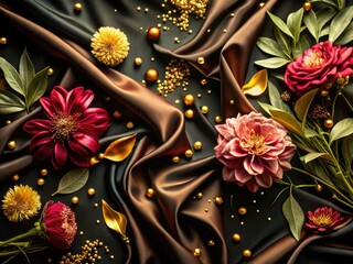 Elegance meets joy with gold confetti, velvet fabric, and exotic flowers on a sleek black flat lay, dramatic shadows, high-fashion style