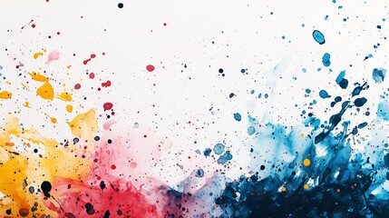 Abstract colorful paint splatters and drops on white background.