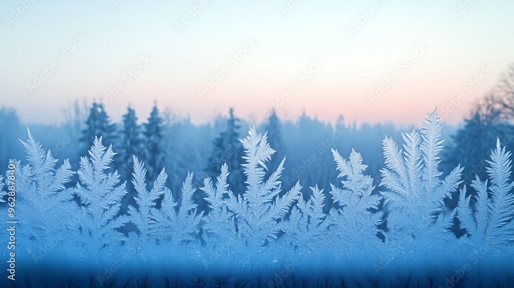 Poster delicate ice crystals form intricate patterns on a frozen window pane with a blurred background of a