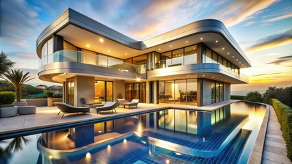 Fototapeta premium luxury modern mansion reflective metallic cladding opulent angular curves lavish rooftop pool sleek contemporary design bright sunny clear blue skies warm champagne tones