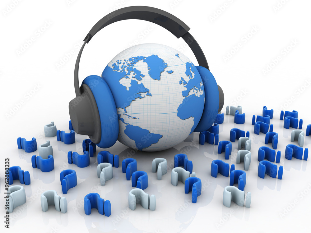 Wall mural 3d rendering question mark near headphone connected globe