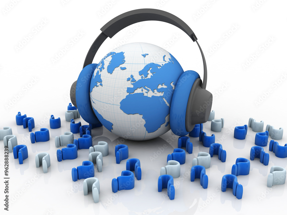 Poster 3d rendering question mark near headphone connected globe