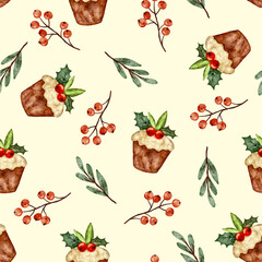 Winter christmas cupcake and red holly berries, green leaves seamless pattern