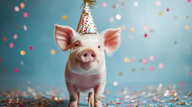 Cute funny pig in party hat and confetti on blue background