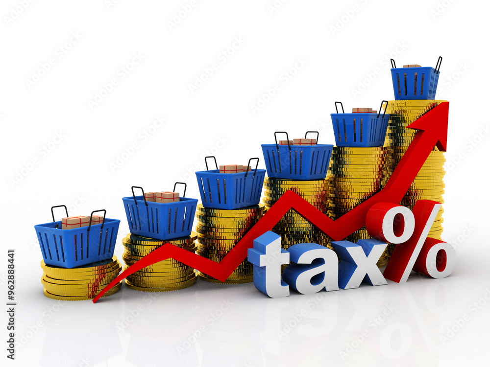 Aufkleber 3d rendering cardboard boxes on basket with graph gold coin