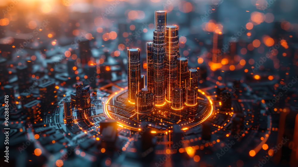 Poster a computer chip with a city on it. the city is lit up with neon lights. the image has a futuristic a