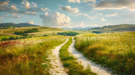 Obraz premium Scenic Countryside Road with Rolling Hills and Green Grass