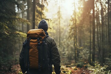 Hiker admiring sunlight through forest trees in autumn