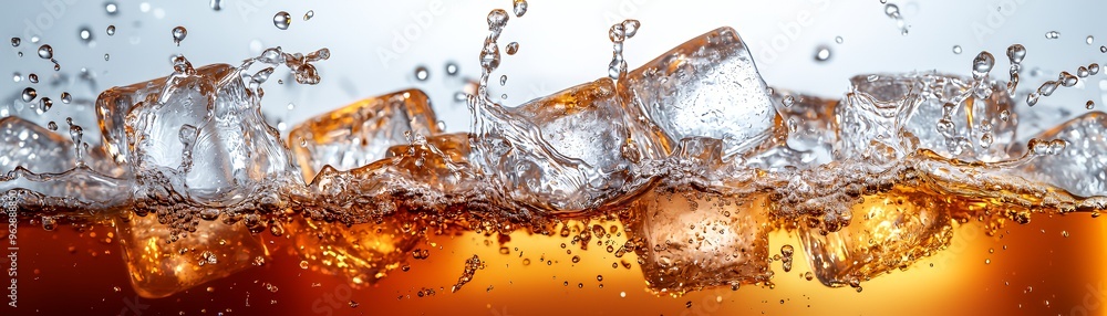 Poster close up of ice cubes splashing in brown liquid with bubbles.