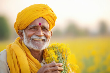 happy maharashtrian farmer in rapeseed agricultural field.