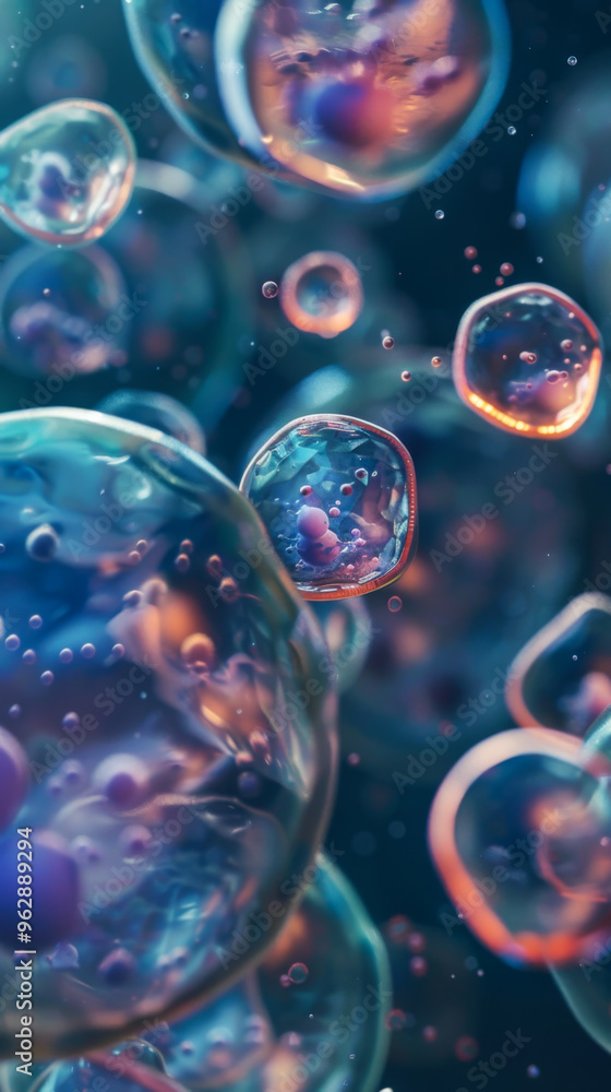 Poster close-up of stem cells actively proliferating. cells and molecules. concept of science, experiments.