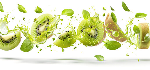 Fresh kiwi fruit slices and leaves flying in the air with splashes of juice. A perfect image for a healthy food or beverage advertisement.