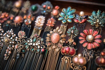 Naklejka premium Traditional chinese hairpins showing colorful flowers and jade stones