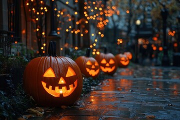 Obraz premium Halloween pumpkins glowing at twilight in the park