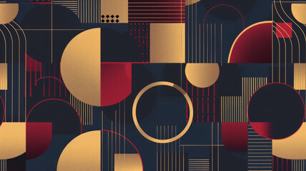 Abstract Bauhaus style seamless pattern with geometric shapes featuring rectangles, circles and lines in navy, gold and burgundy