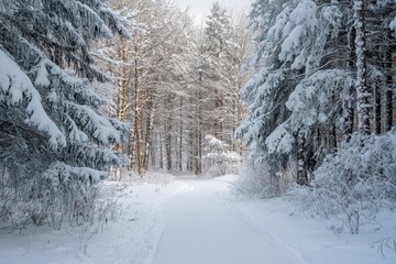 Fototapeta premium Snowy path through a winter forest.