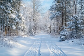 Obraz premium Snowy path through a winter forest.