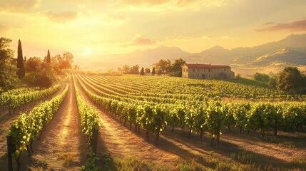 Naklejka premium Vineyard rows with farmhouse under a golden sunset.