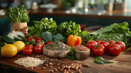 a variety of organic foods, including fresh vegetables, fruits, and grains