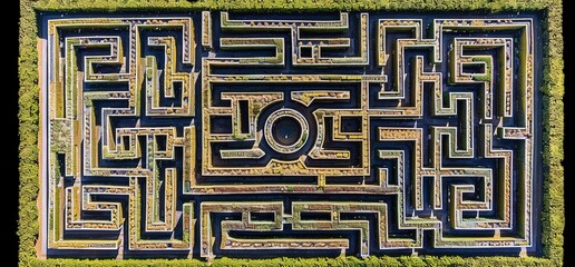 Aerial view of a large hedge maze with a circular center. Perfect for a whimsical garden or landscape design.