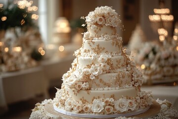 Delicious white three-tiered wedding cake decorated with white and gold flowers standing on table