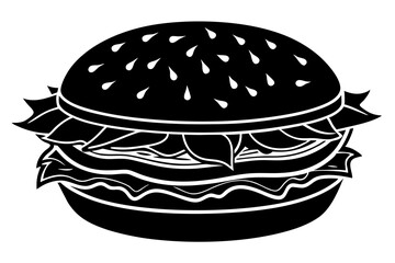 Vector Line Art Icon of Hamburger with Lettuce and Tomato on a Bun Silhouette