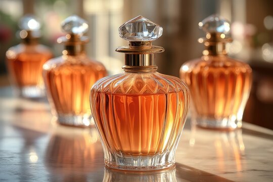 Luxury perfume bottles with diamond shaped caps on vanity